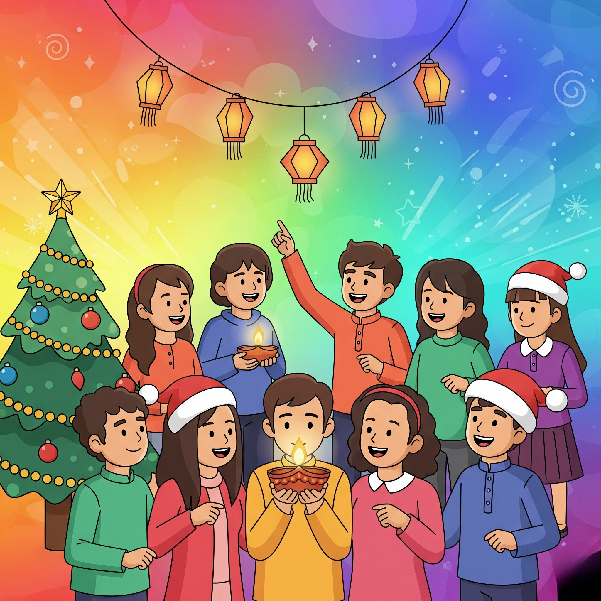 Children joyfully holding diyas with Diwali decorations and a Christmas tree in the background, blending festive celebrations of Diwali and Christmas with colorful lights and holiday attire.